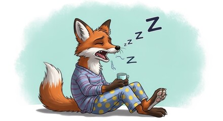 Tired cartoon fox in pajamas yawning and falling asleep