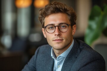 Portrait of a successful, serious young businessman, broker, or office worker in a suit and glasses, looking thoughtfully at the camera while working at his office, Generative AI
