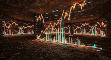A subterranean cavern displays vibrant financial charts, illuminated by a colorful, dynamic display.