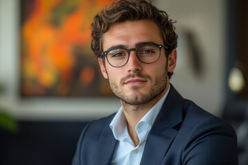 Portrait of a successful, serious young businessman, broker, or office worker in a suit and glasses, looking thoughtfully at the camera while working at his office, Generative AI