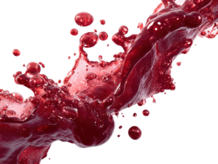 Red fluid splashes, flows with bubbles, and drops isolated on white background