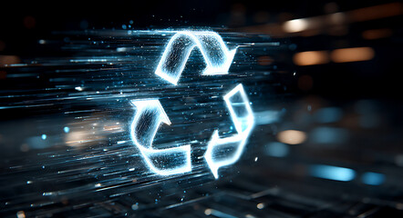 Glowing blue digital recycling symbol with futuristic technology and blurred background lights