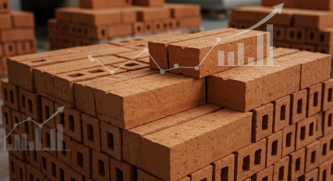 Stacked terracotta bricks with growth charts, showcasing a promising building materials industry.