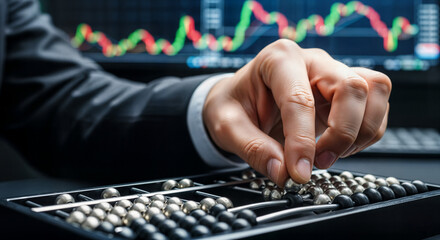 A businessmans hand using an abacus with a stock market graph in the background, symbolizing financial analysis and trading
