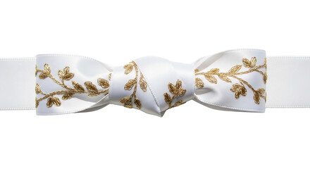 Fototapeta premium White Satin Ribbon Bow with Gold Leaf Embroidery isolated PNG with Transparent Background