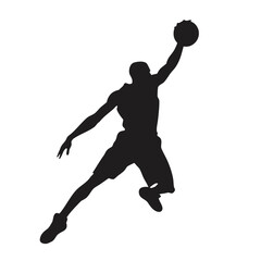 Silhouette of a basketball player in mid air preparing to shoot