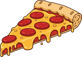 Delicious pepperoni pizza slice illustration, melted cheese dripping, cartoon fast food artwork, tasty Italian snack design, junk food craving, restaurant menu