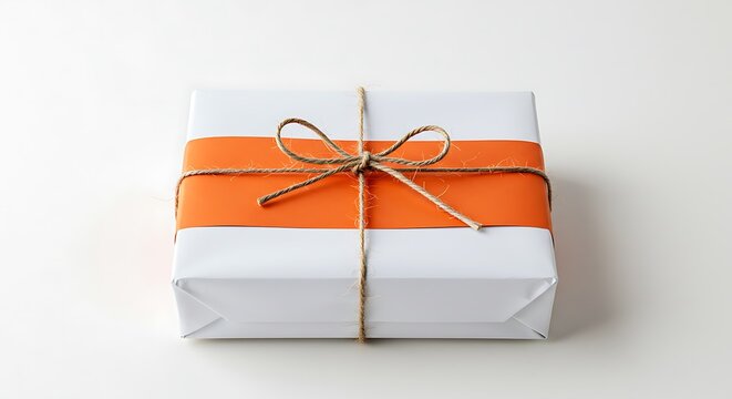 White Gift Box with Orange Band and Twine Bow