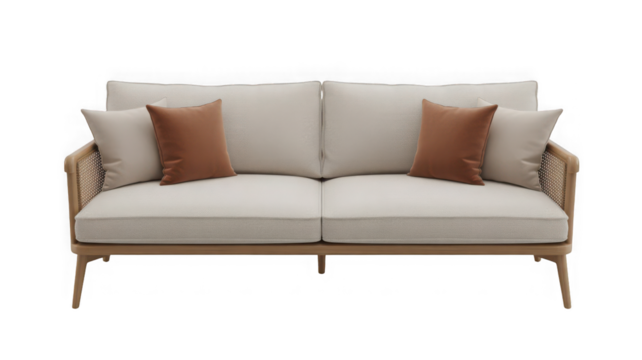 Modern cozy sofa with soft cushions, minimal design, Isolated on white and transparent background - Powered by Adobe