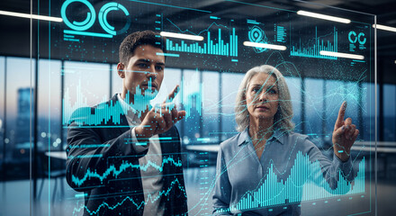 Business professionals interacting with futuristic holographic data displays showing financial charts and graphs in a modern office environment, symbolizing data analysis and technological advancement