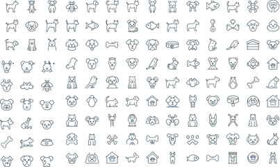 Dog and pet icon set vector illustration featuring outline style puppies, cats, bones, houses, paws, fish, birds, animals.