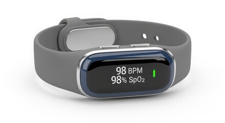 Modern digital health tracker smartwatch displaying heart rate and oxygen levels for personal wellness monitoring isolated on white background