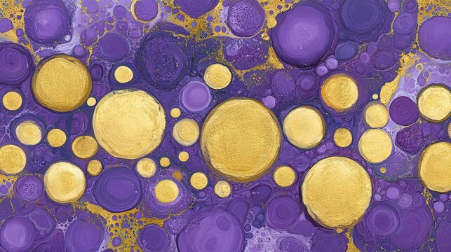 Abstract design featuring vibrant purple backgrounds with textured gold and yellow circular patterns, ideal for use in modern art, blogs, website backgrounds, or as wallpaper,