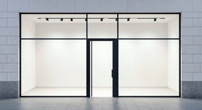 interior of a modern office, Modern minimalist exterior with black framed window, door. White walls, empty space suitable for product showcase, business display, advertising, banner, text logo, mockup