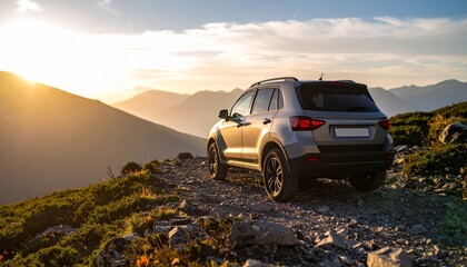 Fototapeta premium Silver SUV parked on a rocky mountain trail during a beautiful golden sunset.