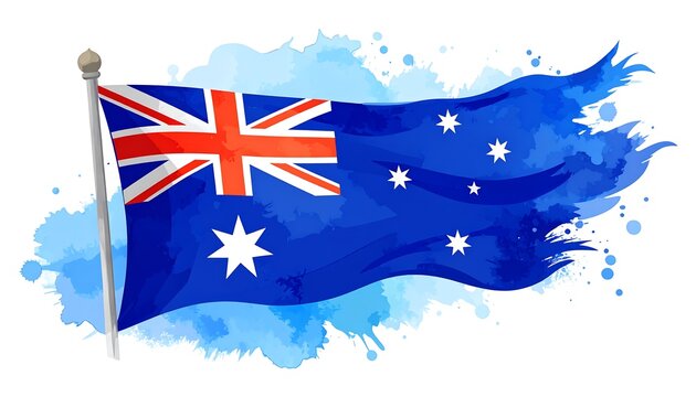 Australian flag waving, watercolor style