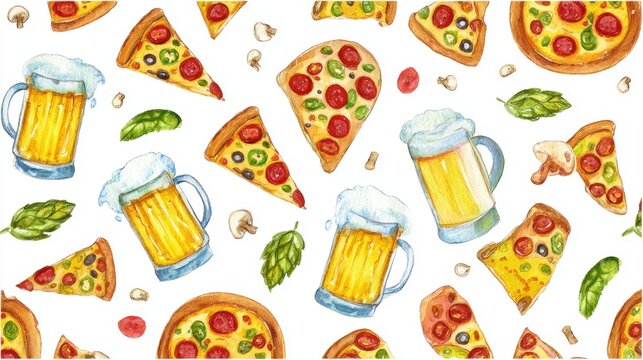 Seamless pattern of pizza slices and beer mugs with basil and mushrooms, International Beer and Pizza Day