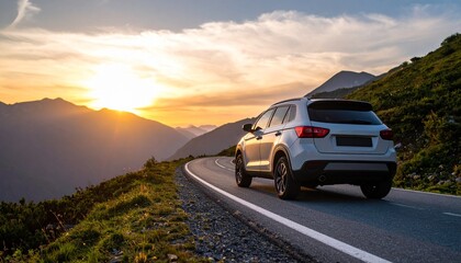 Silver SUV Driving on a Scenic Mountain Road at Sunset.