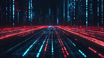 A dynamic digital landscape featuring vibrant red and blue lights moving along a dark path, ideal for technology-themed projects, digital art, or visuals representing data flow and connectivity,