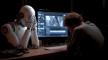 Robot and human collaboration editing video on computer, contemplating choices