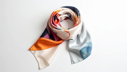 Elegant multicolored silk scarf with a modern abstract pattern isolated on a white background.
