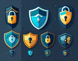 A collection of stylized shield icons representing security, protection, and data safety.
