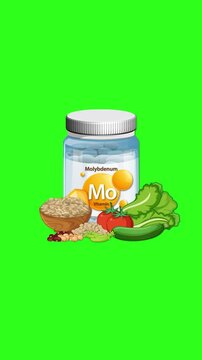Molybdenum Supplement Bottle with Healthy Foods Animation Sequence