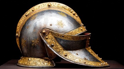 A beautifully crafted antique helmet featuring intricate golden engravings against a polished silver background, ideal for historical contexts, art displays, or educational materials on warfare,