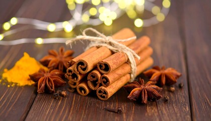 Cinnamon sticks and spices on wood