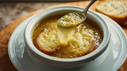 Close-up of soup with melted cheese stretching from spoon, glossy broth glowing faintly. Env Small kitchen table, rain-streaked window blurred behind 