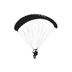 A black and white illustration of a skydiver with open parachute