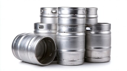 Silver beer kegs stacked together, showcasing their metallic surfaces and unique shapes, This image can be used for branding in breweries, bars, or events related to beverages and parties,