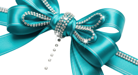 Luxury Turquoise Satin Gift Bow with Sparkling Rhinestone Embellishments isolated PNG with Transparent Background