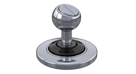Close up of a sleek modern chrome and black gear shifter knob against a solid black background representing automotive control and precision
