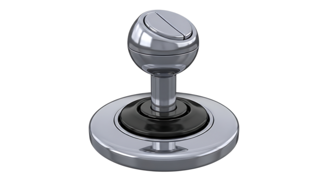 Close up of a sleek modern chrome and black gear shifter knob against a solid black background representing automotive control and precision