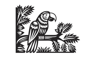 Striking of a Macaw Perched on a Branch, Bold Black Design on White Background