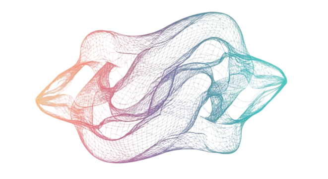 Abstract 3d flowing organic shape with colorful light trails and intricate particle mesh on a dark background