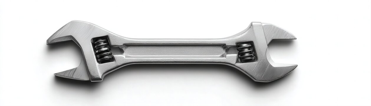 A close-up of a shiny adjustable wrench on a white background, ideal for DIY projects, home improvement, or workshops, This image conveys precision and durability in tool design,