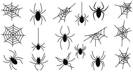 A collection of black spiders and webs on a white background