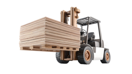Forklift carrying wooden planks on pallet