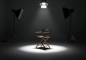 spotlight on the wall, Classic director chair in spotlight on empty stage set. Wooden armchair with canvas seat, back. Symbol of filmmaking process, creative work, studio atmosphere. Equipment for mov