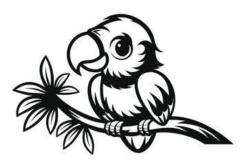 Stylized Black Parrot Perched on Branch on White Background