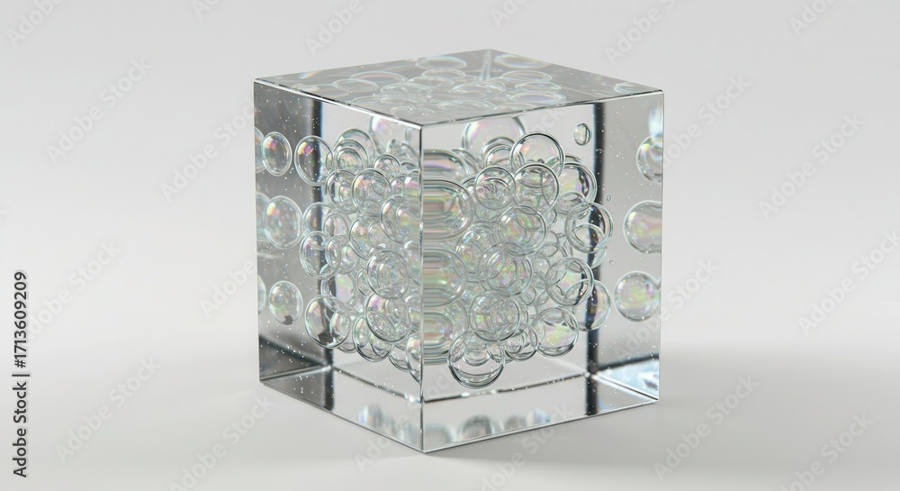 Aufkleber a transparent cube-shaped object filled with numerous iridescent bubbles creates a captivating visua