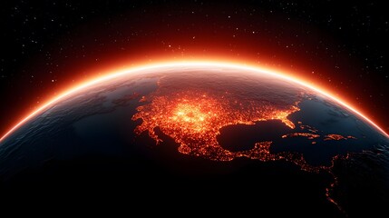 Obraz premium The image shows a stunning depiction of Earth at night, with city lights creating a fiery glow across North America beneath the atmospheric halo against a starry backdrop.