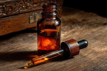 Amber glass bottle with dropper on wooden surface, capturing the essence of natural medicine and aromatherapy