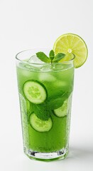 Fototapeta premium A refreshing cucumber and lime drink, vibrant green, is served in a tall glass, garnished with fresh mint, and perfect for a summer day.
