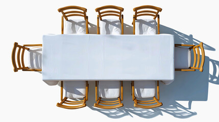 Top down view of a white rectangular table with three chairs on each side outdoors