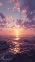 The sun sets over the ocean, casting a warm glow on the water and clouds, creating a beautiful and serene scene at dusk