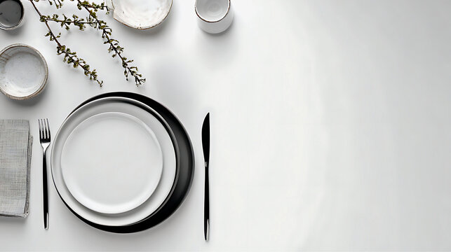 Elegant white table setting with black rimmed plate and delicate greenery overhead view - Powered by Adobe