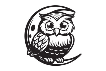 Stylized Owl on Crescent Moon in Black and White 